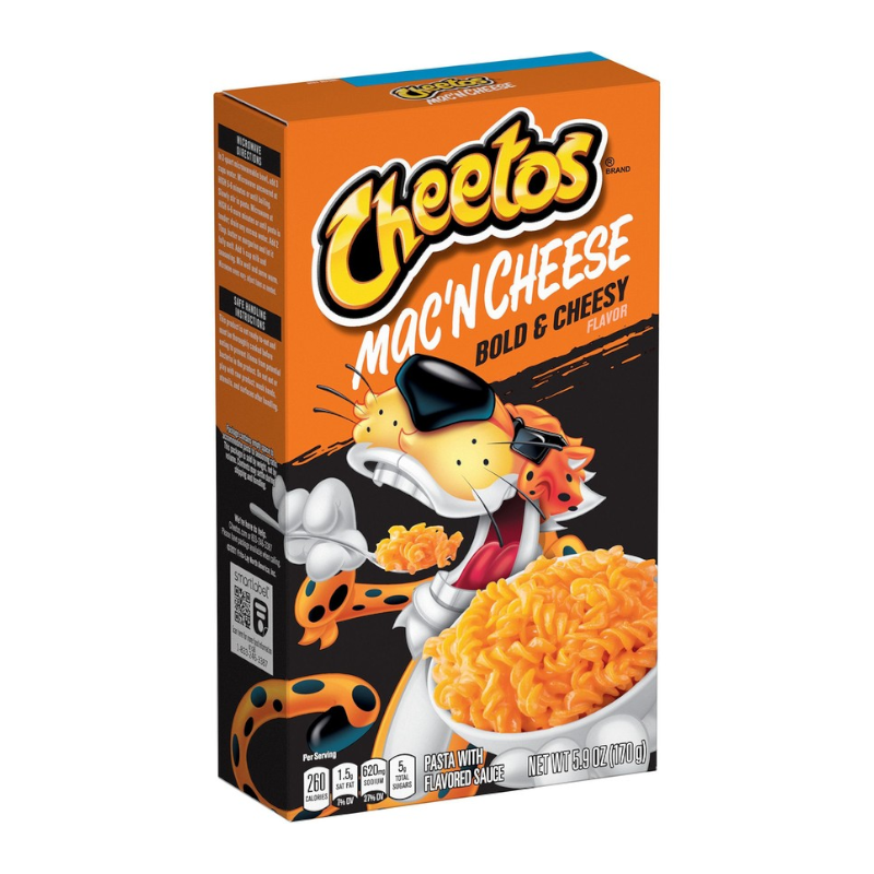 Front of Cheetos Bold & Cheesy Mac 'n Cheese box featuring the Cheetos logo, bold & cheesy flavour label, with pasta in creamy cheese in a bowl (170g pack)