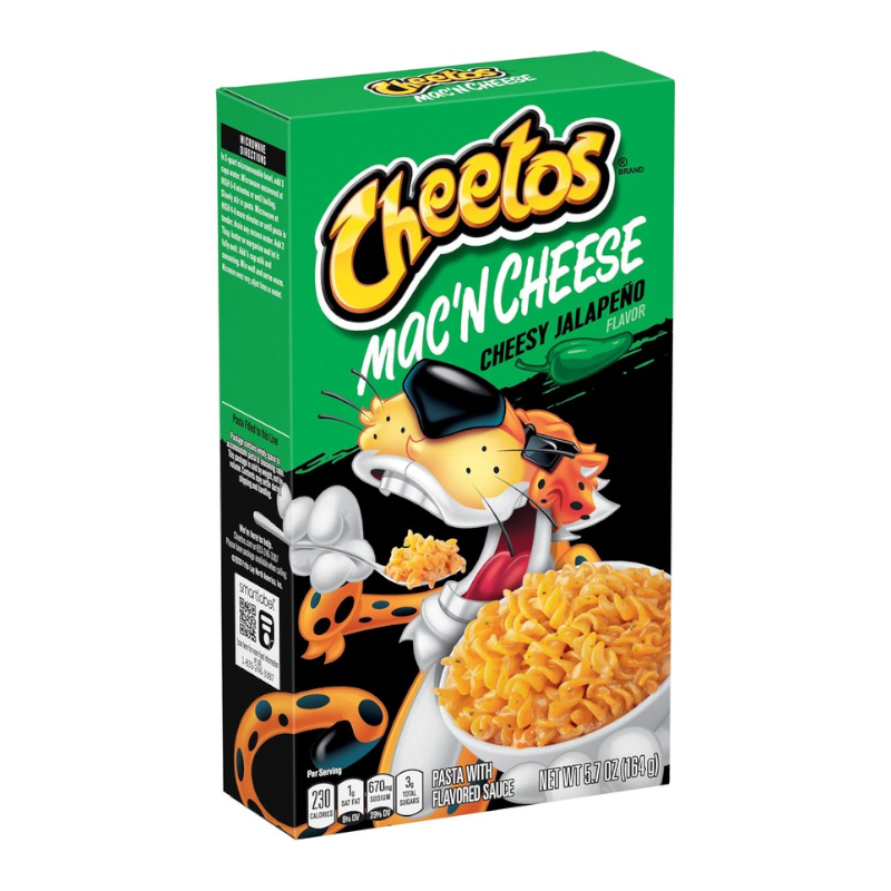 Front of Cheetos Cheesy Jalapeno Mac 'n Cheese Box showing vibrant green packaging, iconic logo, and creamy pasta image (164g pack)