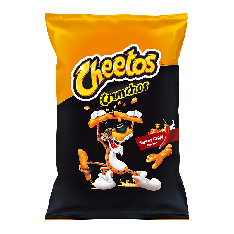 Front of a bag of Cheetos Crunchos Sweet Chilli showing the logo, flavour label, and an illustration of a character with snacks (165g pack)