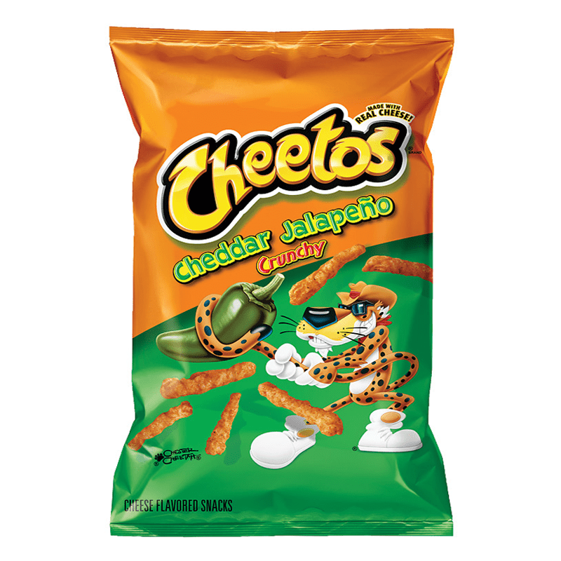 Front of Cheetos Crunchy Jalapeno Cheddar bag featuring bold Cheetos logo, jalapeno imagery, and crunchy snack pieces (226g pack)