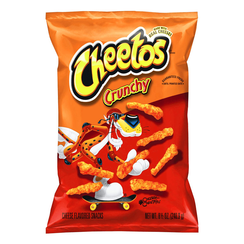 Front of Cheetos Crunchy Original bag featuring the logo, cheesy snacks, and pack size (226g)