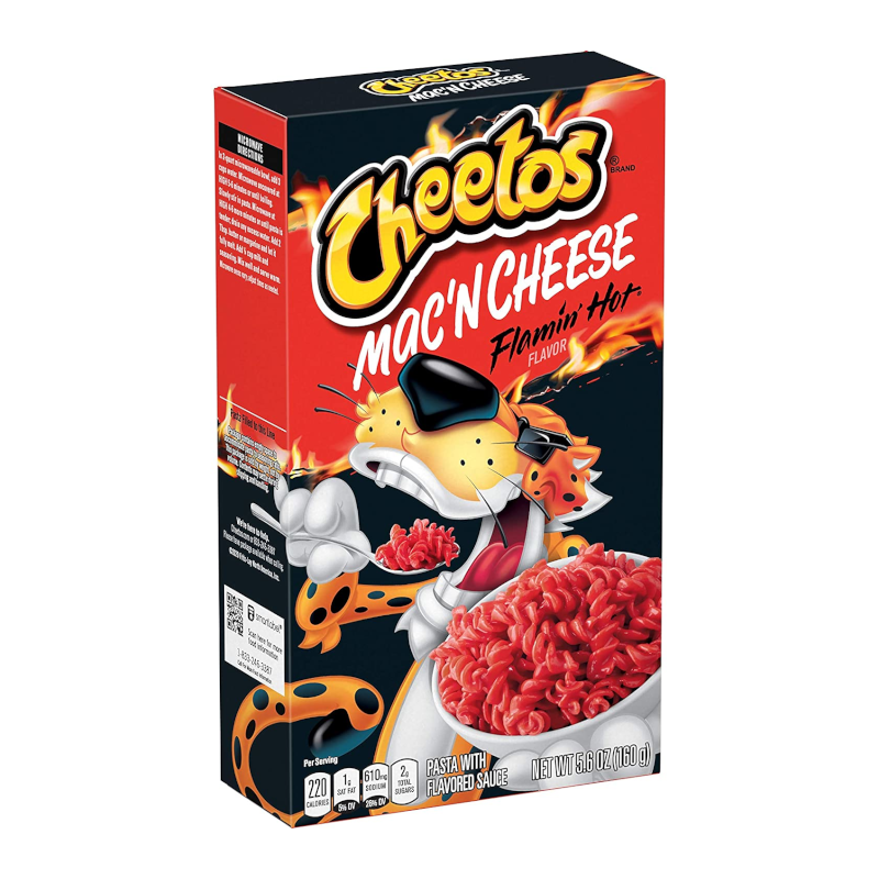 Front of Cheetos Flamin' Hot Mac 'n Cheese box featuring logo, flamin' hot flavour label, and image of red cheesy pasta in a bowl (160g pack)
