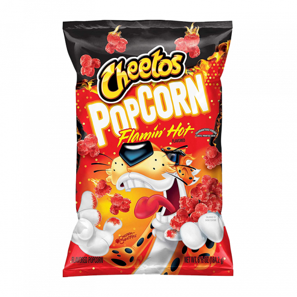 Front of Cheetos Flamin' Hot Popcorn bag featuring vibrant red and yellow design with the Cheetos logo and a spicy popcorn flavour theme (184g pack)