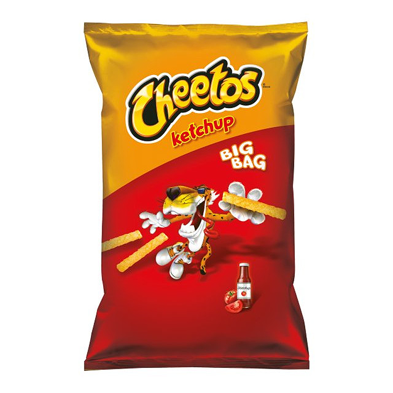 Front of Cheetos Ketchup bag showing bright red packaging with the Cheetos logo, ketchup flavour, and playful character (85g pack)