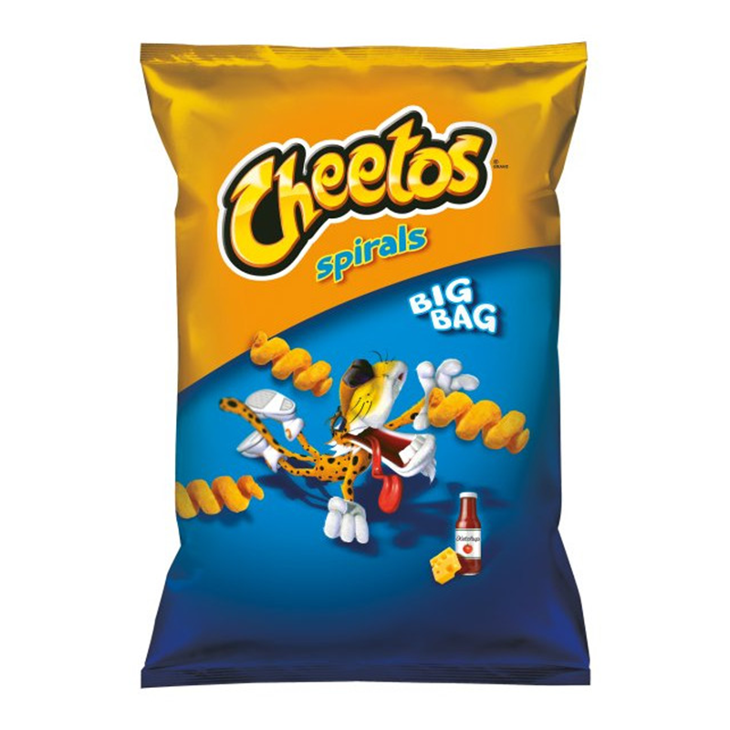 Front of Cheetos Cheese & Ketchup Spirals bag showing logo and image of spirals with cheese and ketchup elements (85g pack)