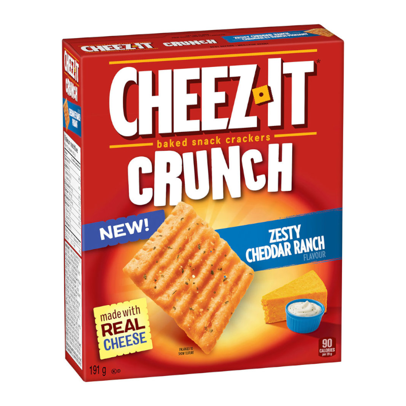 Front of Cheez It Crunch Cheddar Ranch box showing bold logo, zesty cheddar ranch flavour label, and image of crunchy baked snacks (191g pack)