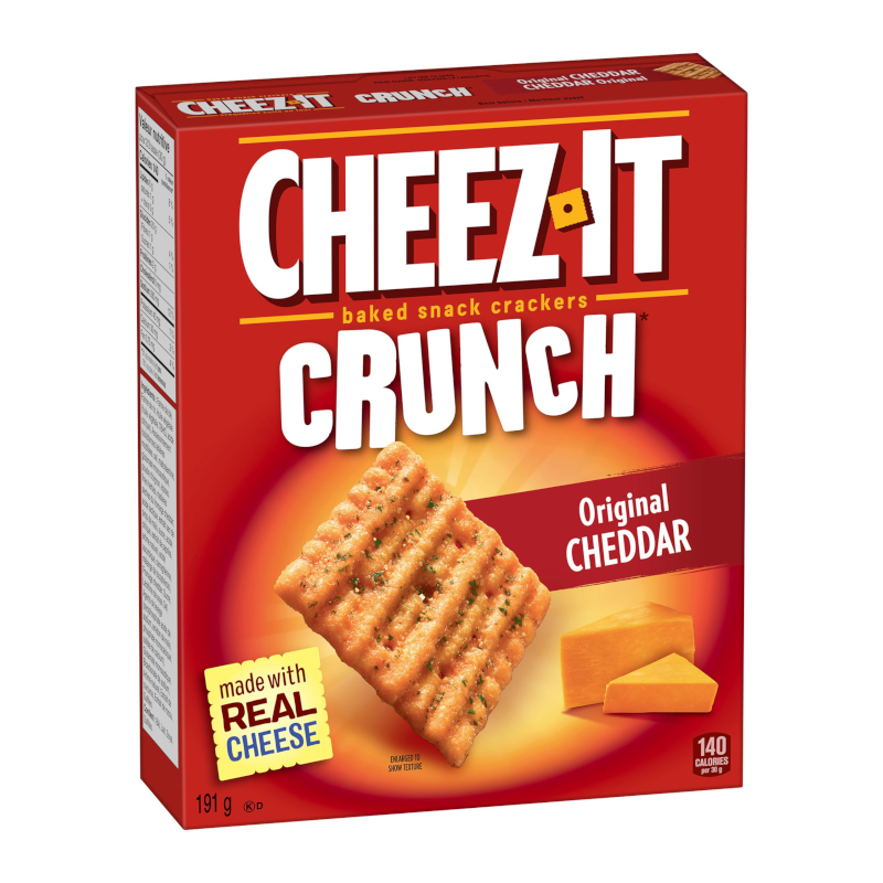 Front of Cheez It Crunch Original Cheddar box featuring bold red logo, image of crunchy snack crackers, and details of the product (191g pack)