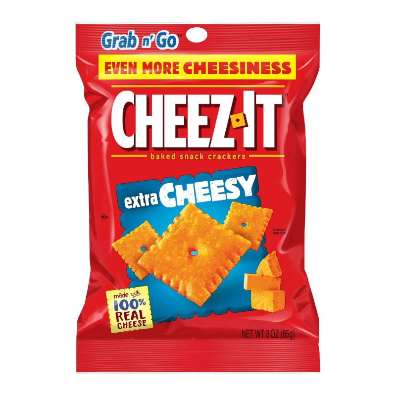 Front of Cheez It Extra Cheesy bag showing the bold red packaging, blue 'extra CHEESY' label, and baked snack crackers (85g pack)