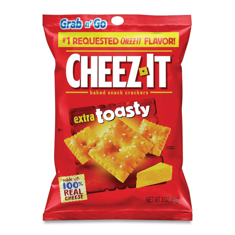Front of Cheez It Extra Toasty bag showing bold red packaging with logo, toasty flavour text, and crispy cracker pieces (85g pack)