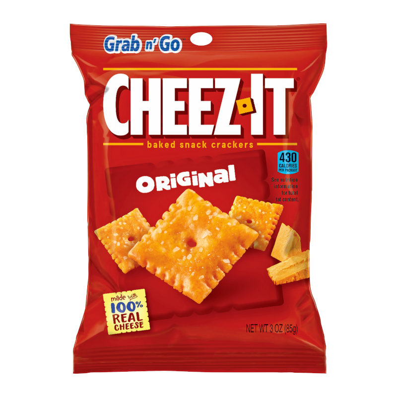 Front of Cheez It Original bag featuring logo, baked snack crackers, and pack size (85g)