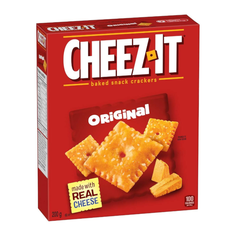 Front of Cheez It Original Crackers box showing red packaging, logo, and visible cheese-flavoured crunchy crackers (200g pack)