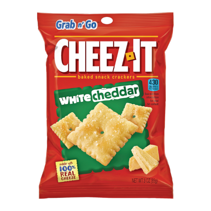 Front of Cheez It White Cheddar bag featuring the logo, green and white “White Cheddar” label, and image of crackers (85g pack)