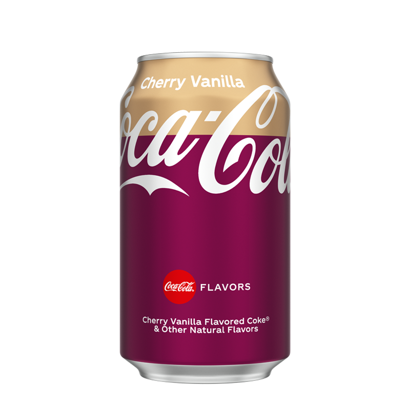 Front of a Coca Cola Cherry Vanilla can featuring cherry and vanilla flavour labels, iconic logo, and pack size (355ml)