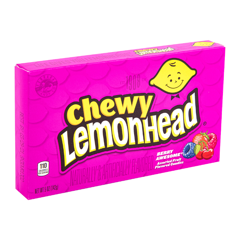 Front of Lemonhead Berry Awesome box showing bright pink packaging, logo, berry flavour label, and assorted fruit candy visuals (142g pack)