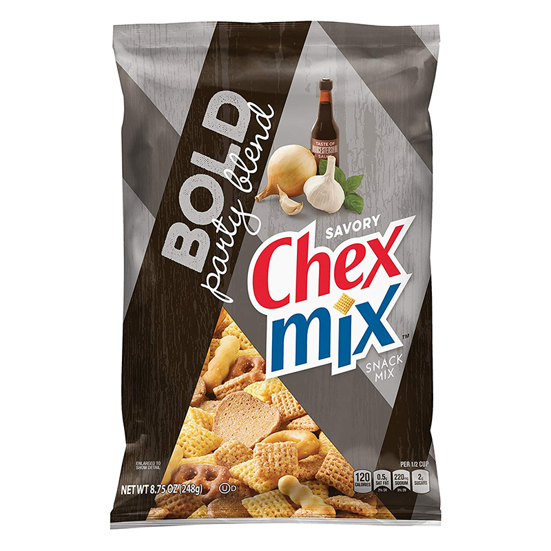 Front of Chex Mix Bold Party Blend bag showing bold logo, savoury snack mix, and crunchy textures (226g pack)