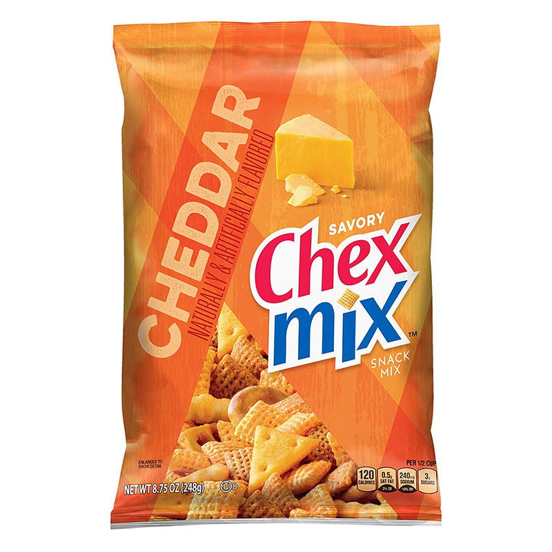 Front of Chex Mix Cheddar bag showcasing the bold logo, cheddar flavour label, and a variety of crunchy snack pieces (226g pack)