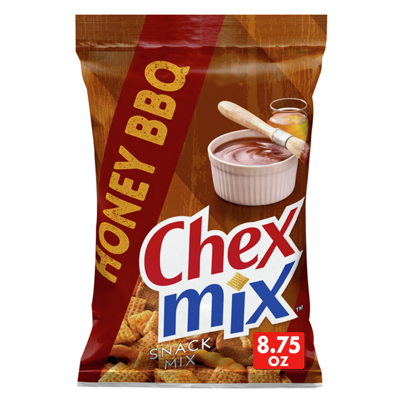 Front of Chex Mix Honey BBQ bag featuring bold red and brown colours, honey BBQ flavour text, and snack mix imagery (248g pack)