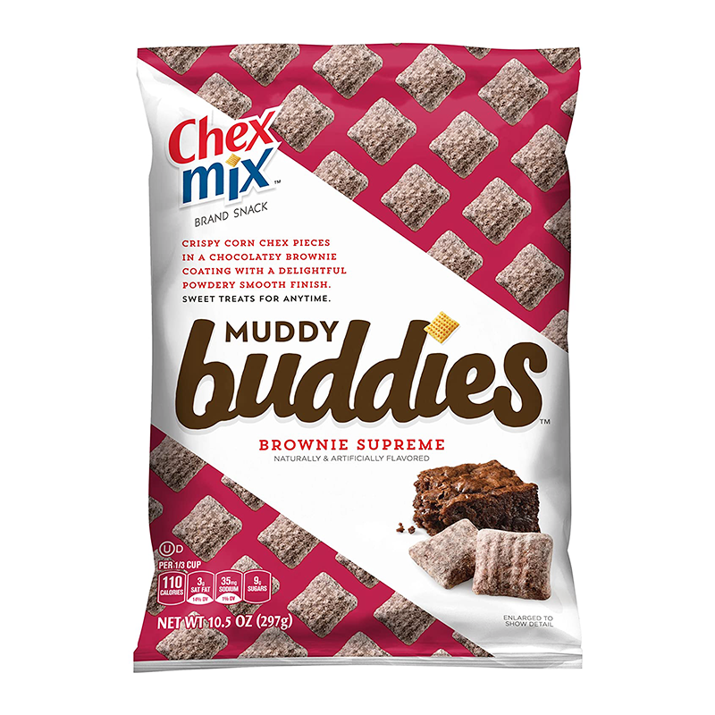 Front of Chex Mix Muddy Buddies Brownie Supreme bag showing crispy corn Chex pieces coated in chocolatey brownie (297g pack)