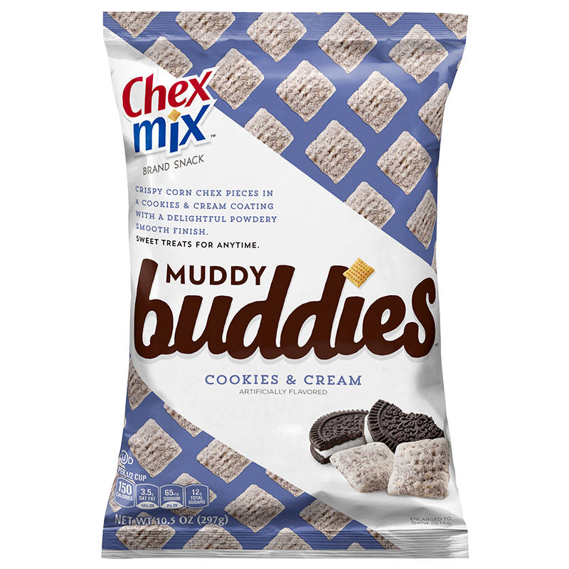 Front of Chex Mix Muddy Buddies Cookies & Crème bag showing logo, cookies & cream flavour, and image of Chex pieces and Oreo cookies (297g pack)