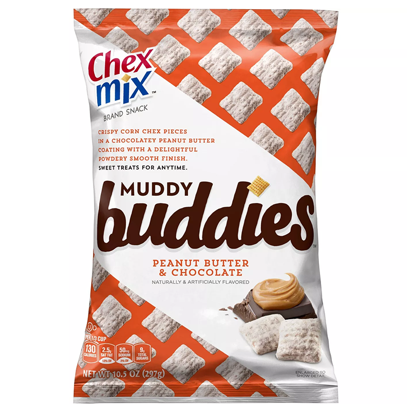 Front of Chex Mix Muddy Buddies Peanut Butter & Chocolate bag showing logo, product name, and pack size (297g) with images of snacks and a creamy peanut butter dollop