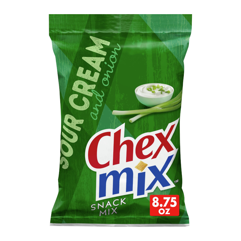 Front of Chex Mix bag showing green packaging with the Chex Mix logo, sour cream and onion flavour text, and snack mix details (248g pack)