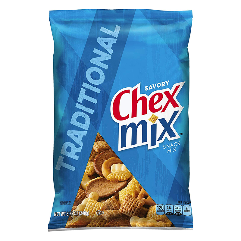 Front of Chex Mix Traditional bag showing the blue logo, an assortment of snack mix, and size details (226g pack)