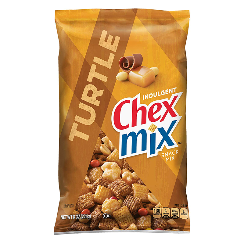 Front of Chex Mix Turtle Mix bag showing logo, turtle flavour label, and mix of snacks including Chex, pretzels, and caramel pieces (226g pack)
