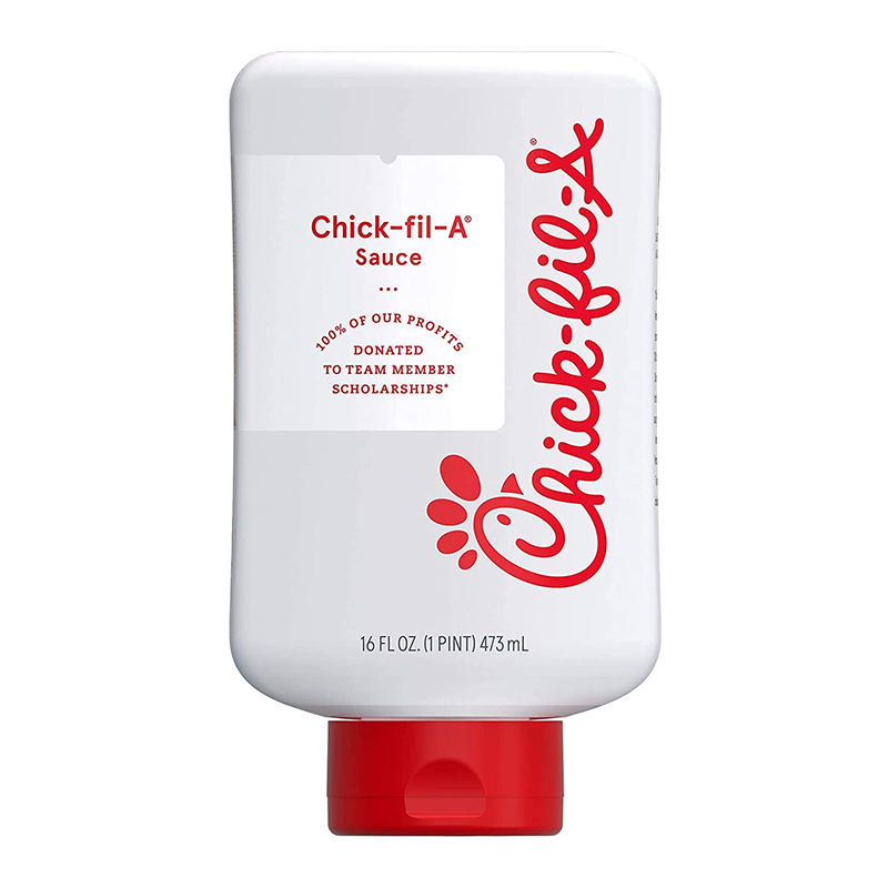 Front of Chick-Fil-A Sauce bottle featuring the logo and details, with a pack size of 473ml clearly displayed.
