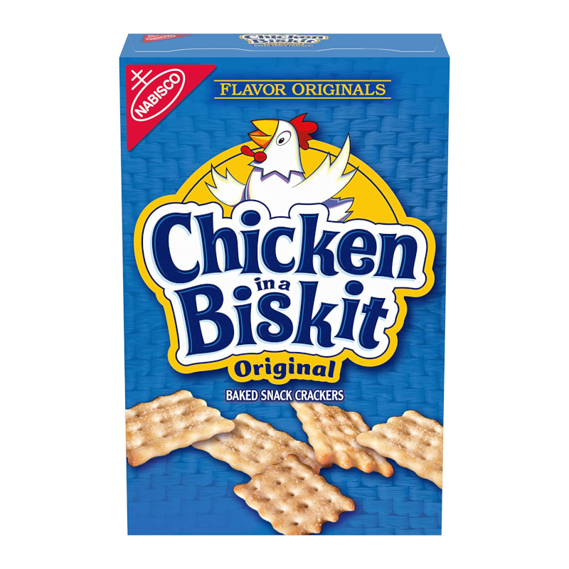 Front of Nabisco Chicken In a Biskit box displaying the logo, flavour description, and image of baked snack crackers (213g pack)