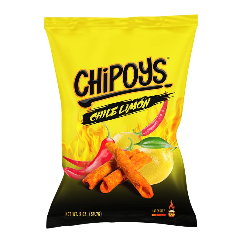 Front of Chipoys Chile Limon Rolled Tortilla Corn Chips bag showing bold yellow packaging, logo, and rolled tortilla chips with lime and chili illustrations (59g pack)