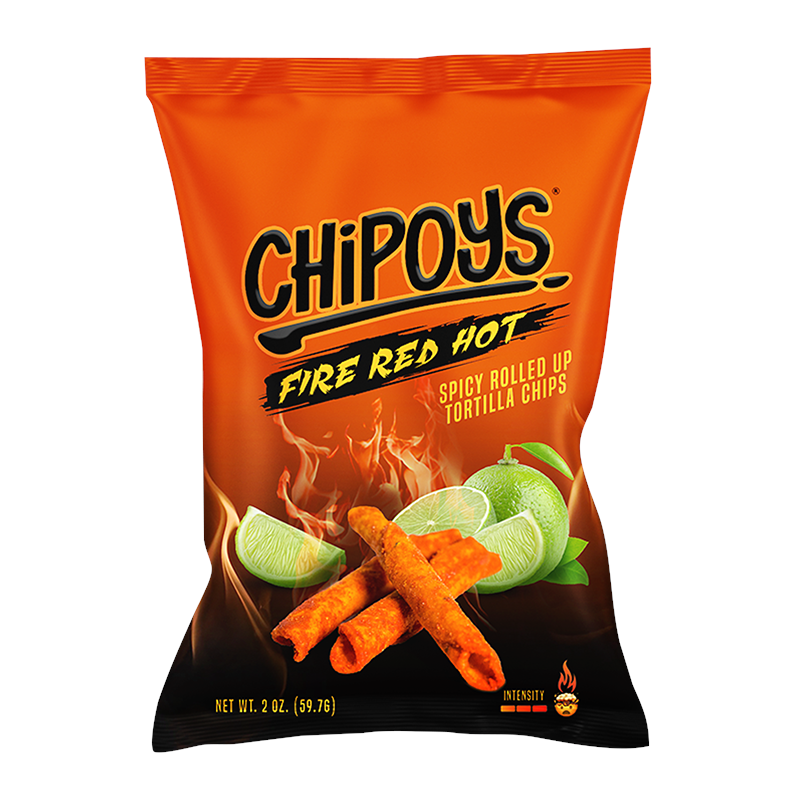 Front of Chipoys Fire Red Hot Rolled Tortilla Corn Chips bag showing the fiery orange design, logo, and crispy rolled tortilla chips (59g pack)