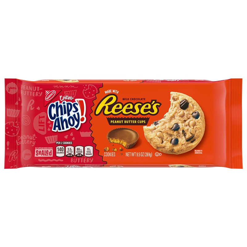 Front of Chips Ahoy! CHEWY Reese's Peanut Butter Cup Cookies pack showing red packaging, Chips Ahoy! logo, and images of cookies with peanut butter cups (269g pack)