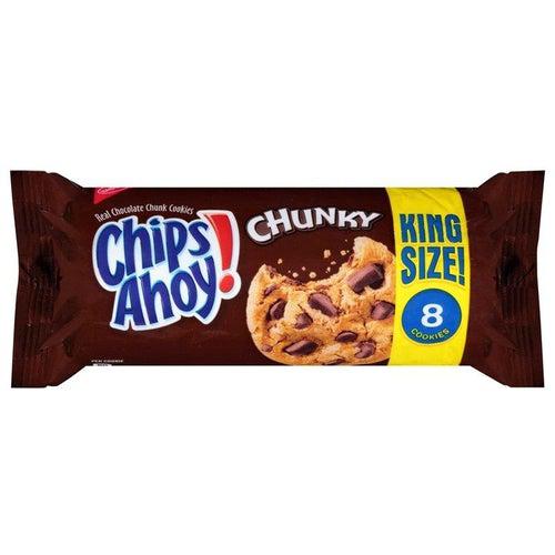 Front of Chips Ahoy Cookies King Size package showing the logo, chunky cookie image, and details of 8 cookies (117g pack)
