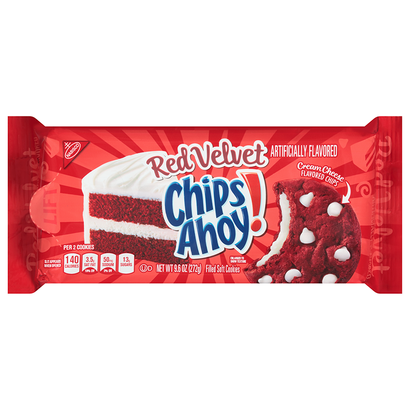 Front of Chips Ahoy! Red Velvet Filled Soft Cookies package featuring red velvet theme, cream cheese flavoured chips, and 272g label.