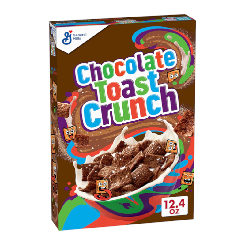 Front of Chocolate Toast Crunch Cereal box featuring colourful logo, chocolate-flavoured cereal in a bowl, and 351g pack size