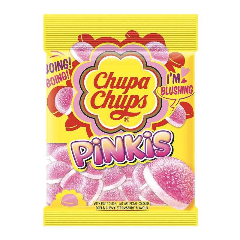 Front of Chupa Chups Pinkis bag showing bright yellow packaging with logo, soft and chewy strawberry-flavoured sweets, and 90g pack size.