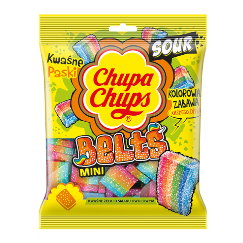 Front of Chupa Chups Sour Belts Mini 90g package featuring the logo, colourful sour strips, and playful design