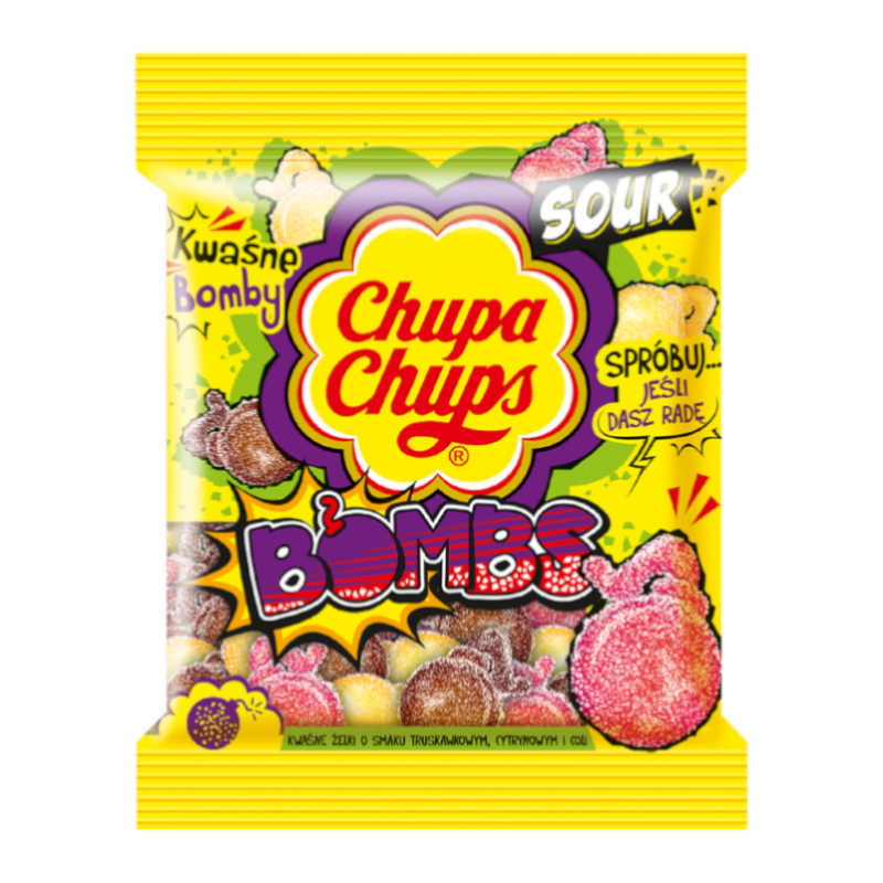 Front of Chupa Chups Sour Bombs packaging featuring bright yellow and purple design with sour candy pieces and 90g label.