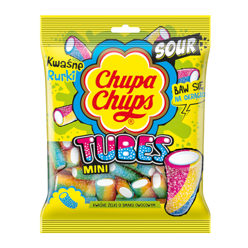Front of Chupa Chups Sour Tubes Mini (90g) pack featuring colourful gummy tubes, logo, and vibrant fruit graphics.