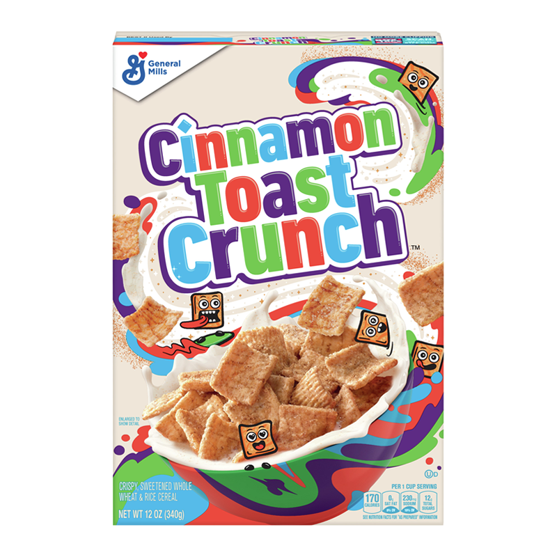 Front of a box of Cinnamon Toast Crunch Cereal showing the logo, colourful design, and cereal in a bowl (354g pack)