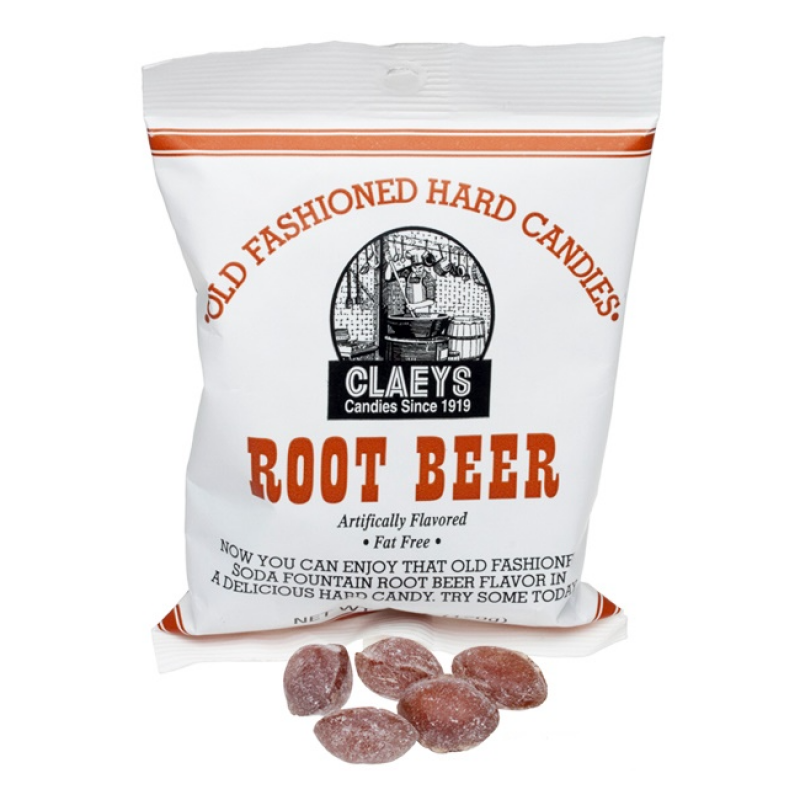Front of Claeys Old Fashioned Hard Candy Root Beer bag showing logo, root beer flavour, and hard candies (170g pack)