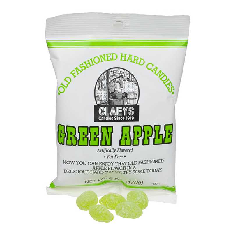 Front of Claeys Old Fashioned Hard Candy bag showing logo, green apple flavour label, and the pack size (170g) with candies visible.