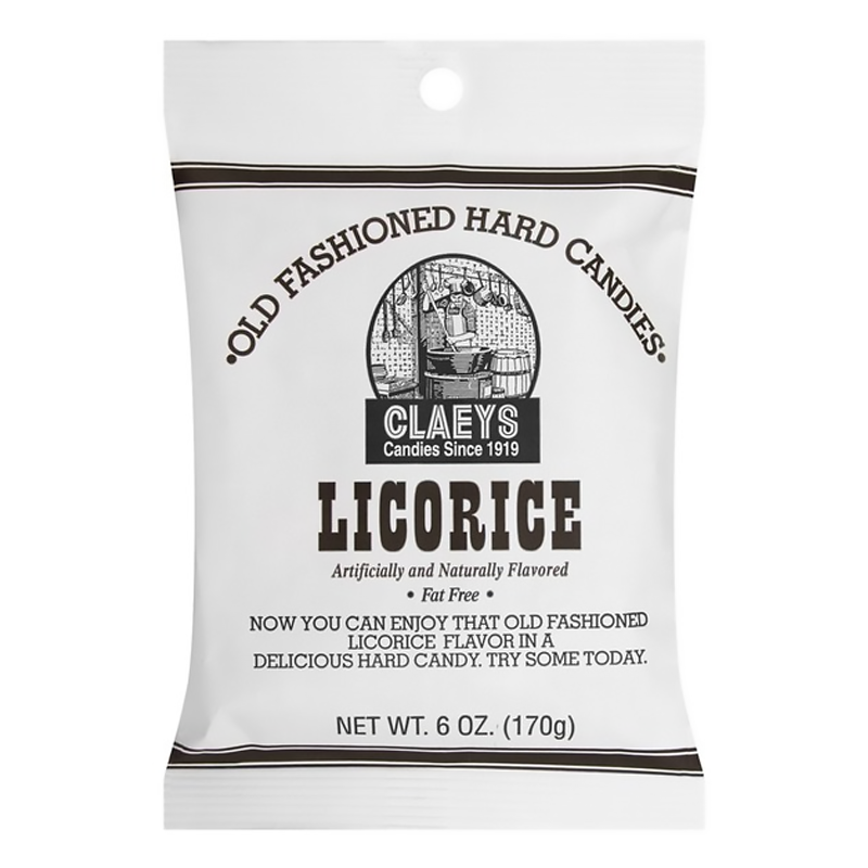 Front of Claeys Old Fashioned Hard Candy Liquorice bag showing brand logo, liquorice flavour label, and pack size (170g)