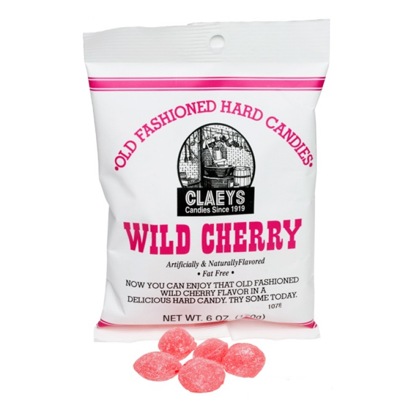 Front of Claeys Old Fashioned Hard Candy Wild Cherry bag featuring pink logo, wild cherry flavour label, and 170g pack size.