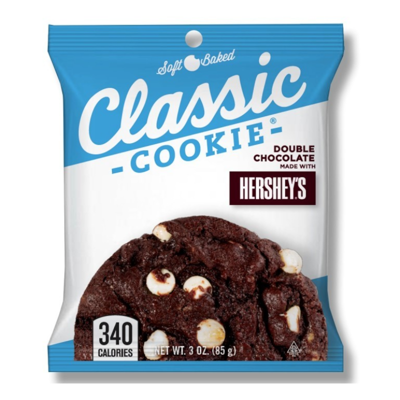Front of Classic Cookie Hershey's Double Chocolate Chip packaging showing logo, rich chocolate cookie image, and pack size (85g)