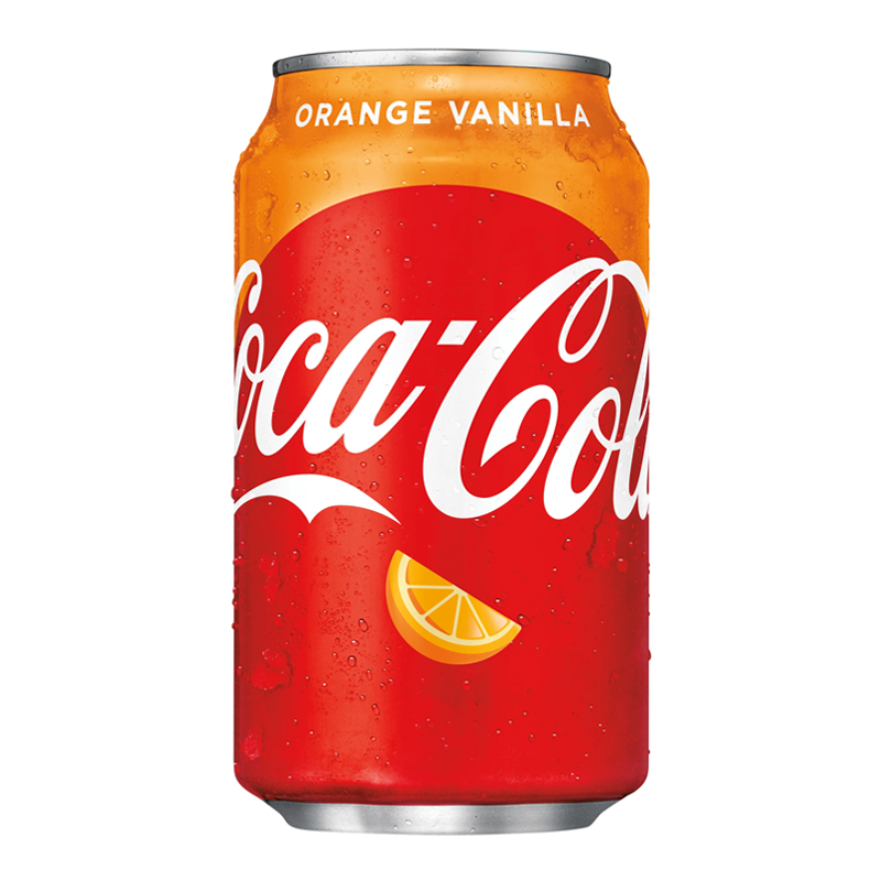 Front of Coca Cola Orange Vanilla can showcasing the red and orange design, Coca Cola logo, and orange slice graphic (355ml pack)