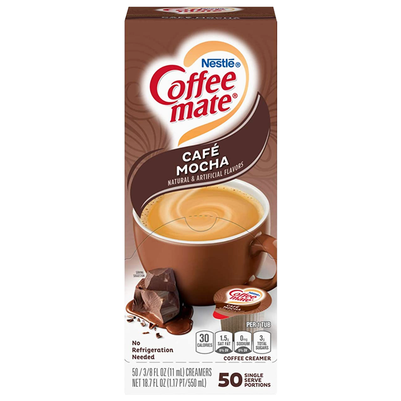 Front of Coffee-Mate Cafe Mocha Liquid Creamer packaging showing rich mocha flavour, logo, and details of 50 single serve portions (710g)