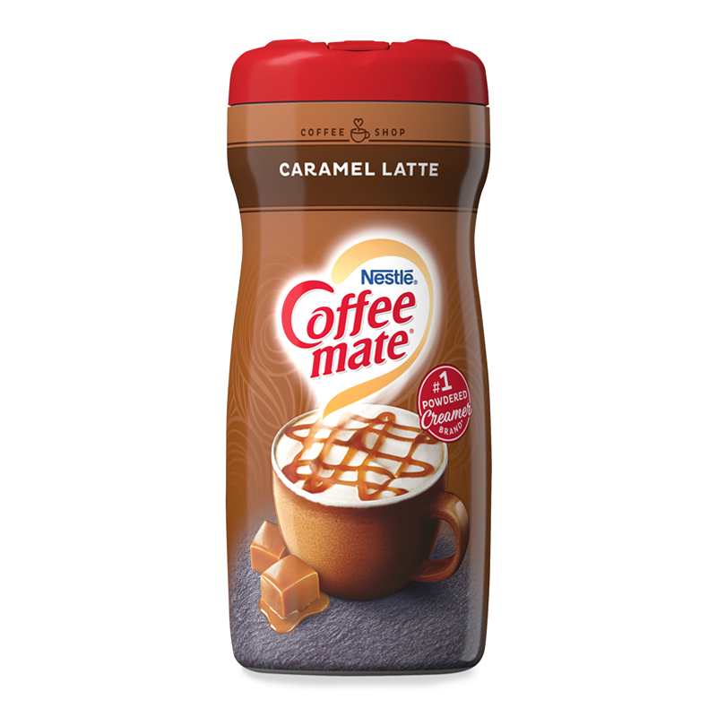 Front of Coffee-Mate Caramel Latte Powdered Creamer bottle showing the brand logo, caramel latte flavour, and 425g pack size.