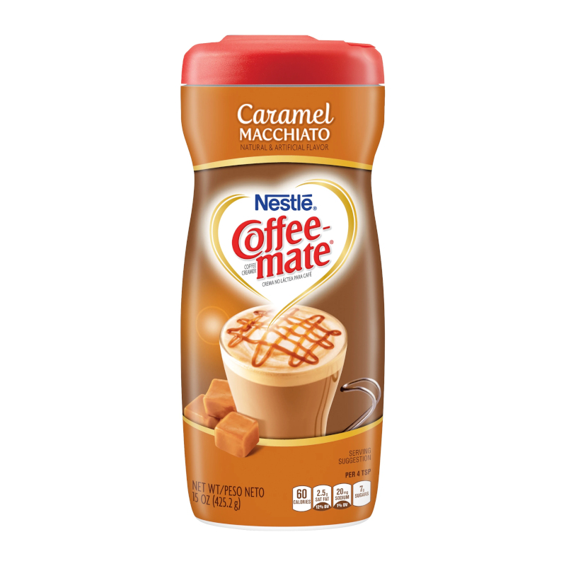 Front of Coffee-Mate Caramel Macchiato Powdered Creamer container showing brand logo, caramel macchiato flavour, and 425g pack size.