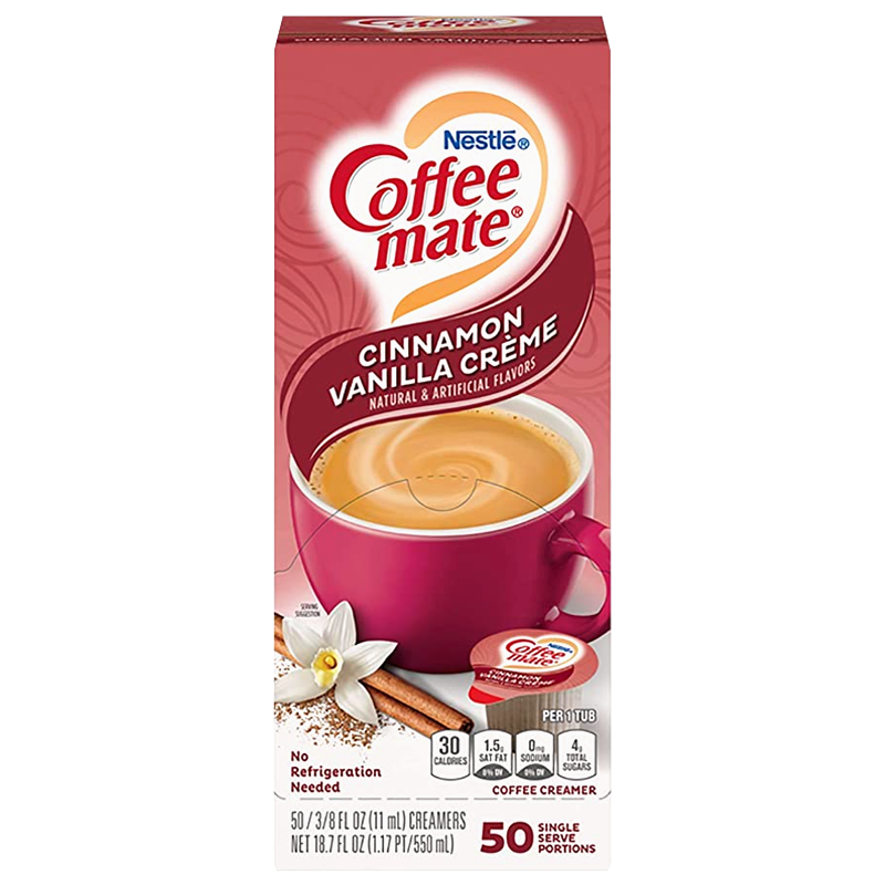 Front of Coffee-Mate Cinnamon Vanilla Liquid Creamer packaging showing logo, cinnamon vanilla flavour, and 50 single serve portions (710g)